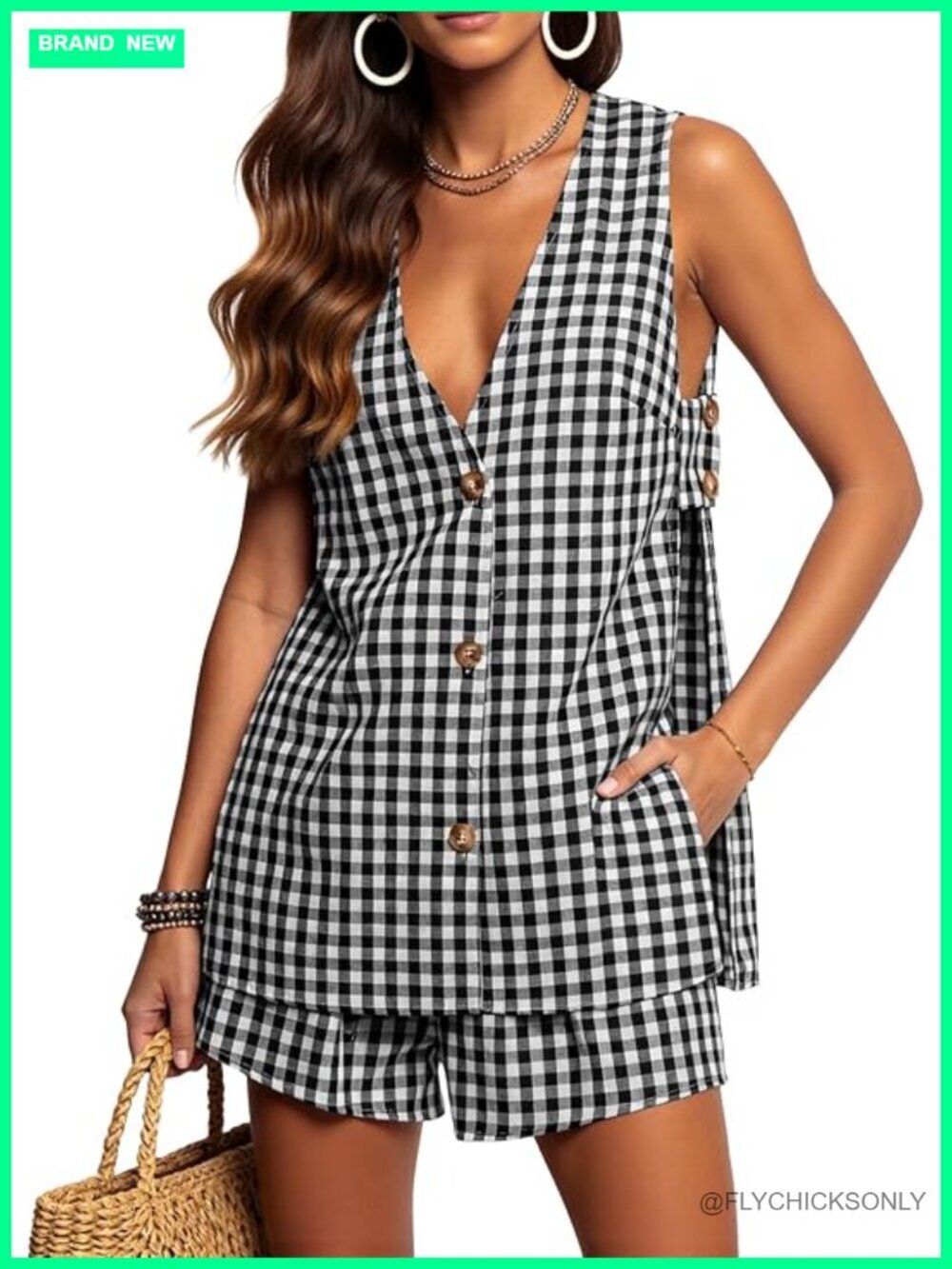 Sleeveless V-Neck Gingham Vest and Shorts 2 Piece Set